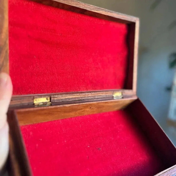 Hand-Carved Wooden Jewelry Box with Brass Inlay - 5x10” Made in India boho style - Picture 7 of 12